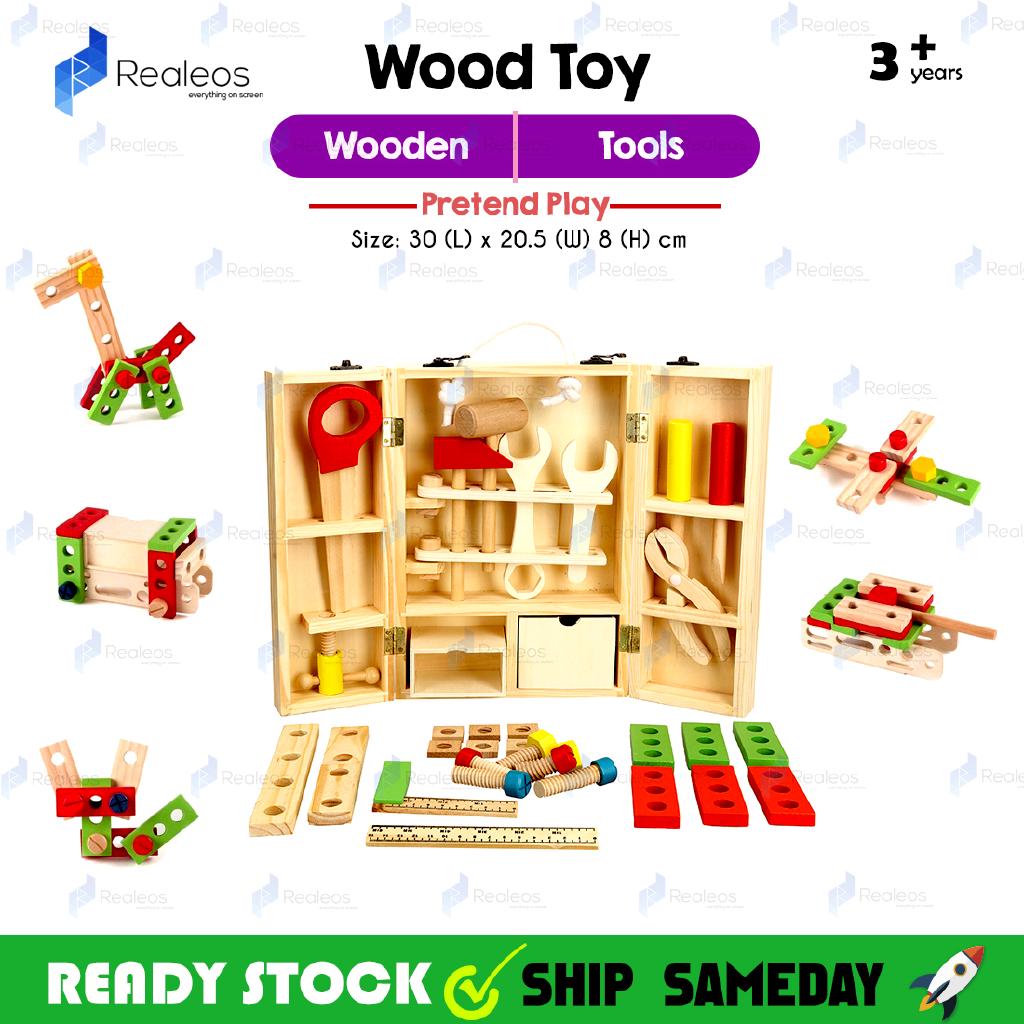 Realeos 43Pcs Wooden Tool Toolbox Construction Building DIY Kids Toy - RA68