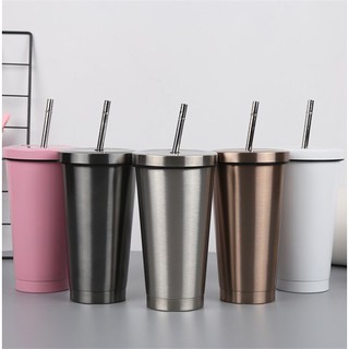 16OZ Double Walled Stainless Steel Tumbler with Stainless Straw, Double Wall Coffee Tumbler, Powder Coated Travel Coffee Bottle