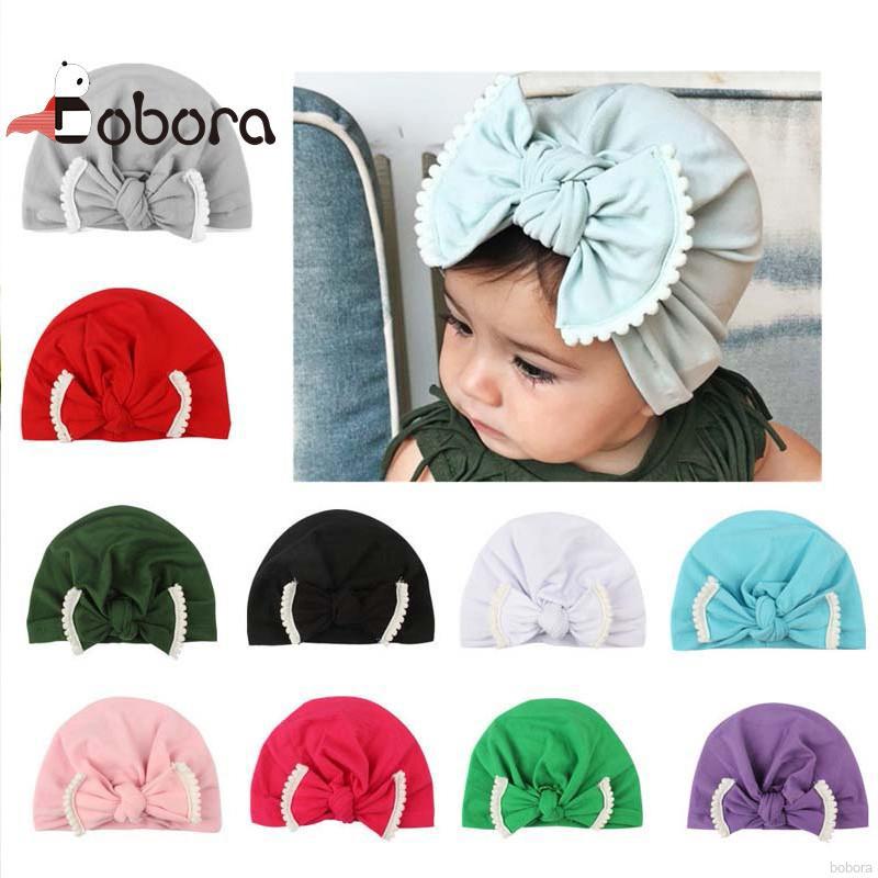 BOBORA Newborn Baby Girl Soft Cute Turban Knot Hats Toddler Solid Bowknot Caps Headwear