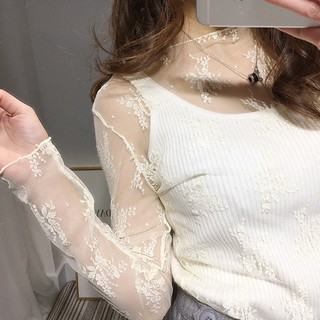 BPONLINE Women Lace Sexy Mesh See-through Long Sleeve Floral Tops