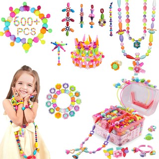 【600PCS with Storage Box】DIY Jewelry Kit for Necklace & Bracelet, Pop Snap Beads Set for 3,4,5,6,7,8 Yers Old Kids