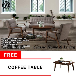 CHF NICO Wooden Sofa set 1+2+3 Free Coffee Table / Solid Wood Frame / Thick and Comfortable Fabric- Brown Color