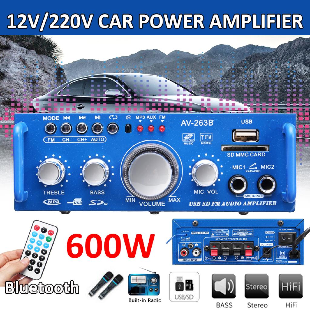600W 12V/ 220V HIFI Audio Stereo Amplifier bluetooth FM 2CH Car AMP Bass