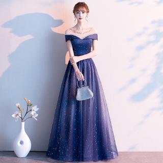 ♥ customise support♥ navy blue romantic dress with sequins maxi-off shoulder dress piano performance concert dress wedding bridesmaid dress birthday party dress