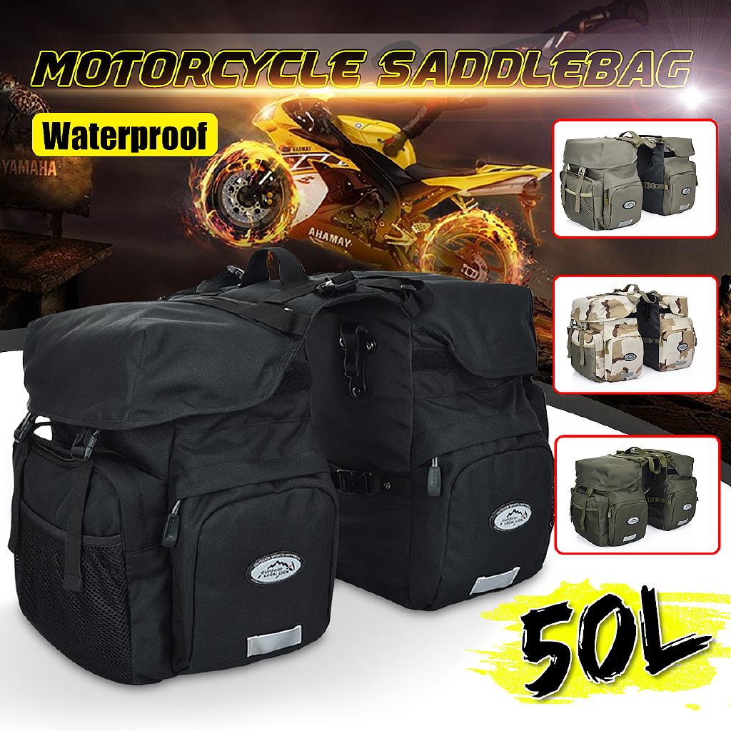 50L Motorcycle Bike Saddle Bag Side Pannier Luggage Capacity Waterproof Canvas