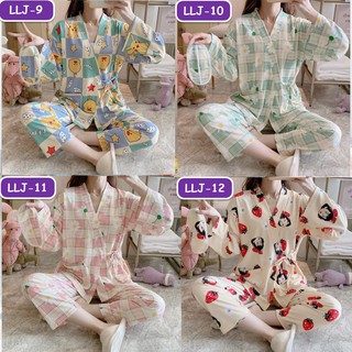 LLJ Women Japanese Style Kimono Long Sleeve Pyjamas Pajamas Sleepwear Sauna Set Spa