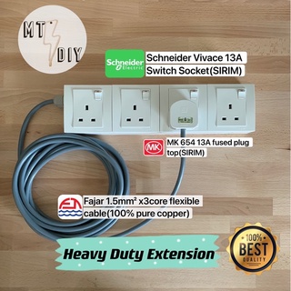 Heavy Duty Extension Socket c/w schneider vivace 13A switch socket & Fajar 1.5mmx3core flexible cable