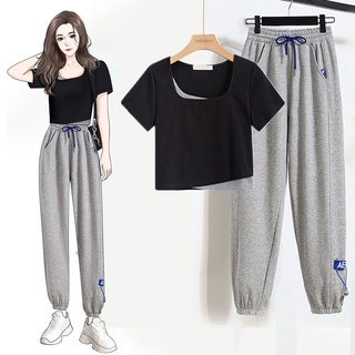Single / suit casual grey sweatpants women's loose toe guard pants spring and summer new fake two-piece T-shirt short sleeve top