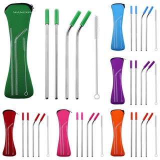 WX_4Pcs Reusable Silicone Tips Cover Stainless Steel Straight Bent Drinking Straws