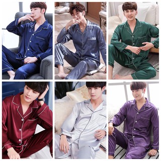 M-5XL Large Size Men Pyjamas Comfortable Men Baju Tidur Sleepwear Set Silk Satin Nightwear Long Sleeve Pajama Set (1)