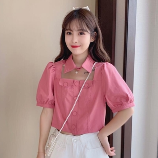 🍬Sortamoon Temperament Solid Color POLO Collar Sexy Hollow Slim Short-sleeved Top Women's Summer 2020 New Korean Style Puff Sleeve Short Crop Top