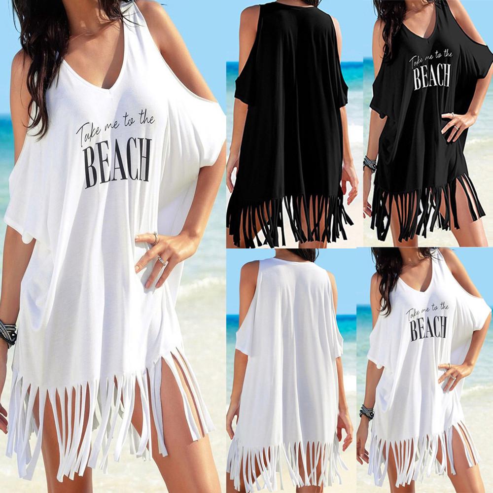 Womens Tassel Letters Print Baggy Swimwear Bikini Cover-UPS Beach Dress
