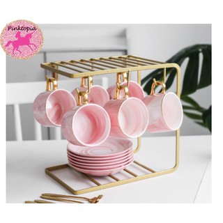 [🇲🇾Ready Stock] Pinktopia Luxury 18 Pieces Set Authentic Pink Ceramic Tea Mug Coffee Cup Set with Holder Nordic