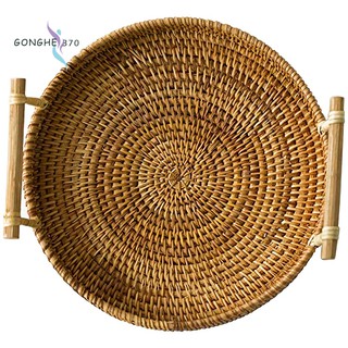 Rattan Bread Basket Round Woven Tea Tray With Handles For Serving Dinner Parties Coffee Breakfast (