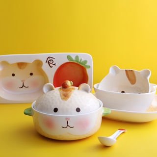 【Ready Stock】Korean Cartoon Strawberry Hamster Bowl and Plate Set, Children's Cute Ceramic Noodle Bowl, Divider Plate, Home Student Tableware/Set Mangkuk Dan Pinggan Strawberry Hamster Kartun Korea, Mangkuk Mie Seramik Comel Kanak-kanak, Piring Pembahagi