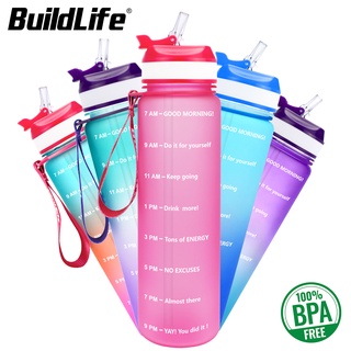 BuildLife New Matte Surface 1L Water Bottle With Straw Time Marker BPA Free Sports and Fitness Outdoor Tritan Bottles