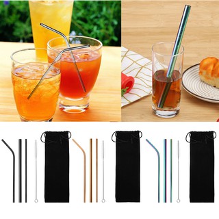 5pcs Reusable Stainless Steel Straight Bent Drinking Straw Set