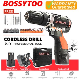 BOSSYTOO CDSS12 12V Li-Ion Battery Cordless Drill Speed Drilling Screw Driver Power Tool + LED Light + 12Pcs Shaft Bits