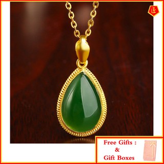 [Ready Stock]Inlaid Jade Pendant Women's Gold Natural Chinese Hetian Jade Retro Elegant Necklace (1)
