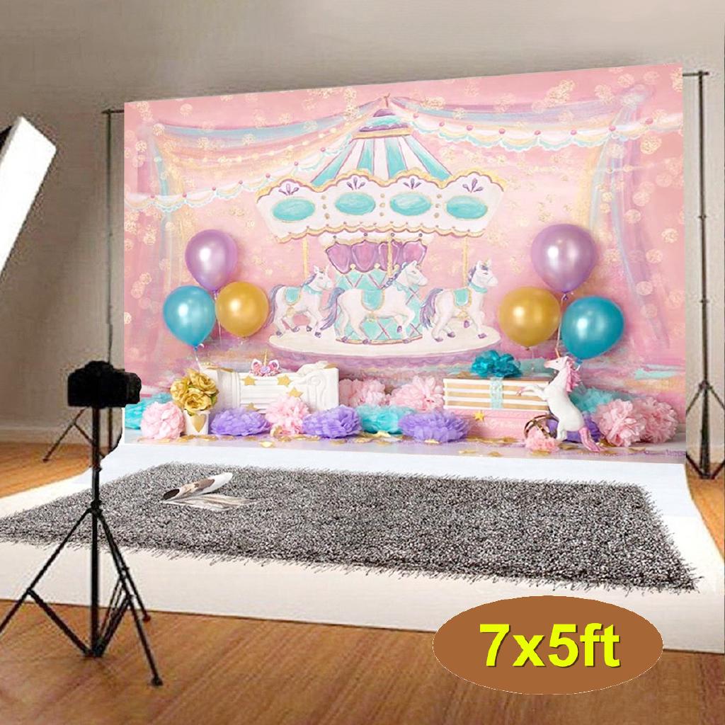7x5ft Vinyl Unicorn Birthday Pink Carousel Gift Ribbon Photo Backdrop Background