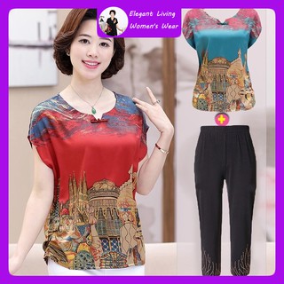 Middle-aged and old women's mother put summer wear suits female 40-50 emulation silk shirts with short sleeves jacket