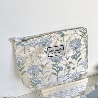 Cdaily| Gentle Cream Brocade Embroidered Blue Flowers High Sense Large Capacity Cosmetic Bag Storage Bag Hand Bag