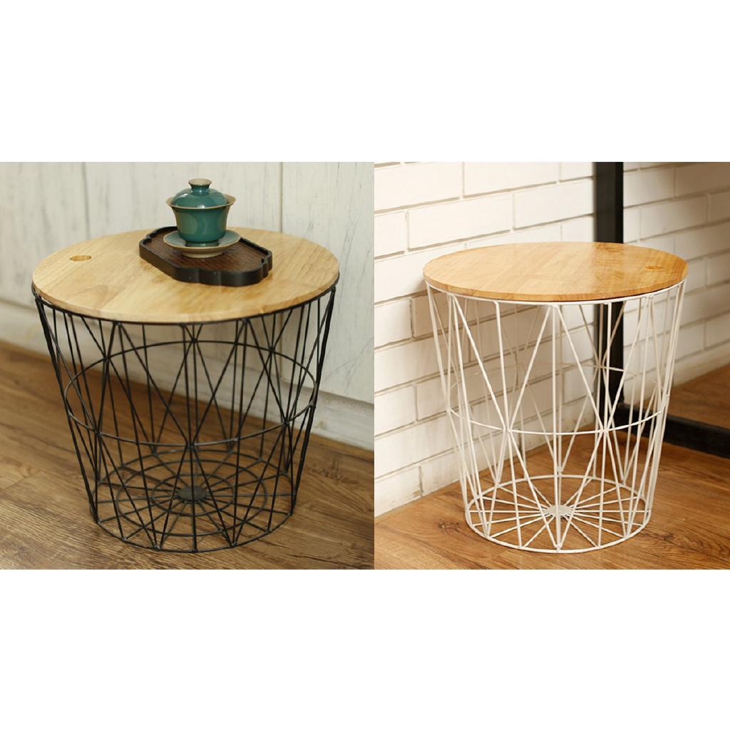 White Black Metal Wire Basket Wooden Top Side Table Storage Loft Home