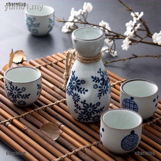5PCS Japanese Ceramic Sake Pot Set warm wine Vintage Shochu Jug Cup Bottle white yellow rice Blue and porcelain (1)