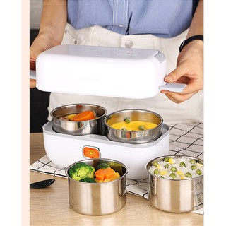 Multifunction electric Rice Cooker 2Layers mini stainless steel heating cook lunch box [With plug converter]