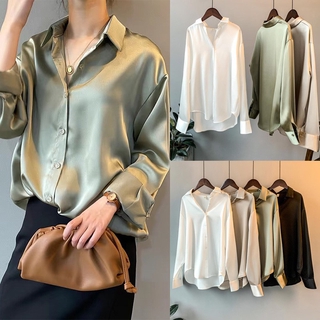 Ready Stock Baju Raya 2021 Women Satin Blouse Long Sleeve Loose Retro Shirt Fashion Temperament Simple Plain Tops