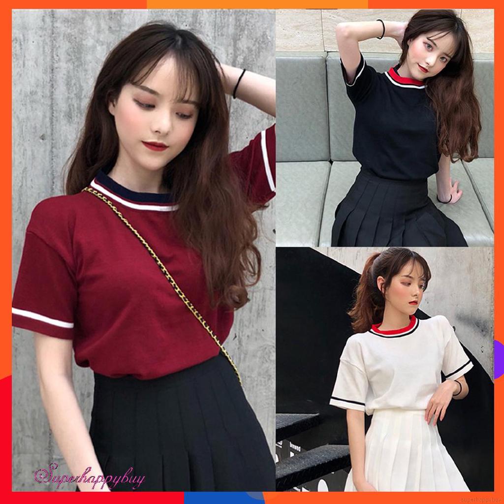 Women T-Shirts Korean Style Knitted Color Block Short Sleeve Knitted Tees Tops