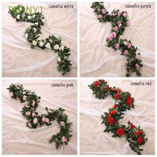 2.45m Decor Hanging Garland Ivy Vine Silk Roses Flowers Artificial Camellia