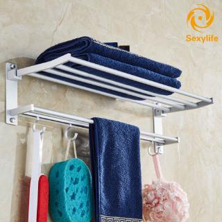 40/50/60cm Space Aluminum Double Towel Rack With 5 Hooks Foldable Sexylife✨