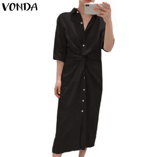 Vonda Women Long Sleeve Button Collar Knit Solid Long Dress