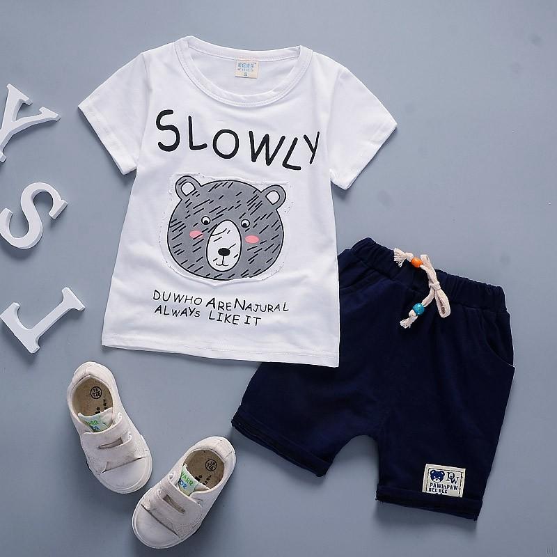 IU Summer Boys Cartoon Bear Clothing Set Boy T-shit + Cotton Pants