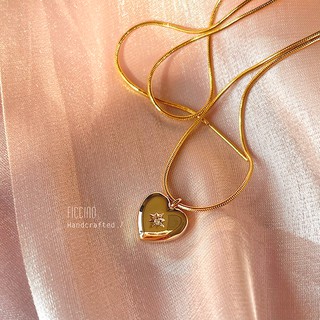【Velvet Box】FICCINO 18k Gold Plated Titanium Steel Engraved Heart Pendant Necklace with Zircon Simple Accessories Fashion Jewellery Rantai with Gift Box