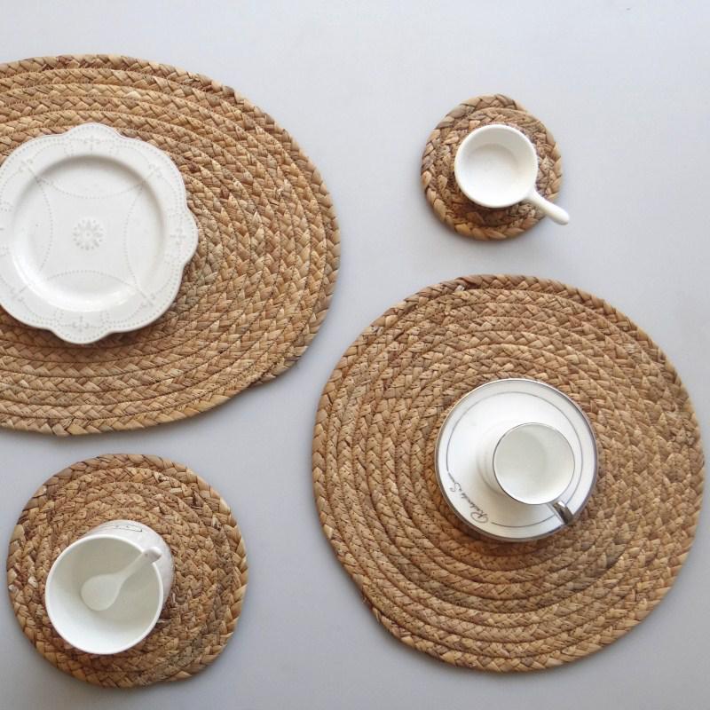 Woven-Straw Round Coasters thickened dining table insulated Mat Cup plate mats