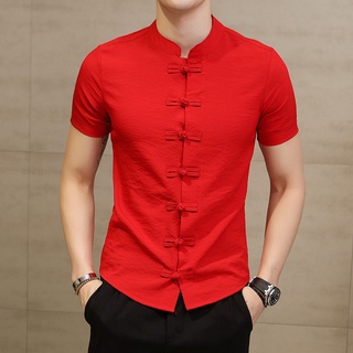 Chinese style Linen Shirt Slim Fit Casual Short Sleeves Button design for Men Blouse Solid
