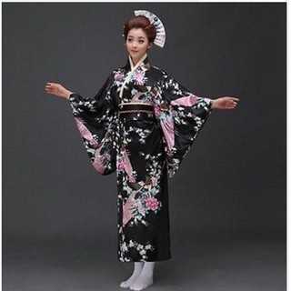 Japanese kimono Yukata Geisha best dress women gown Haori Floral with Obi Black