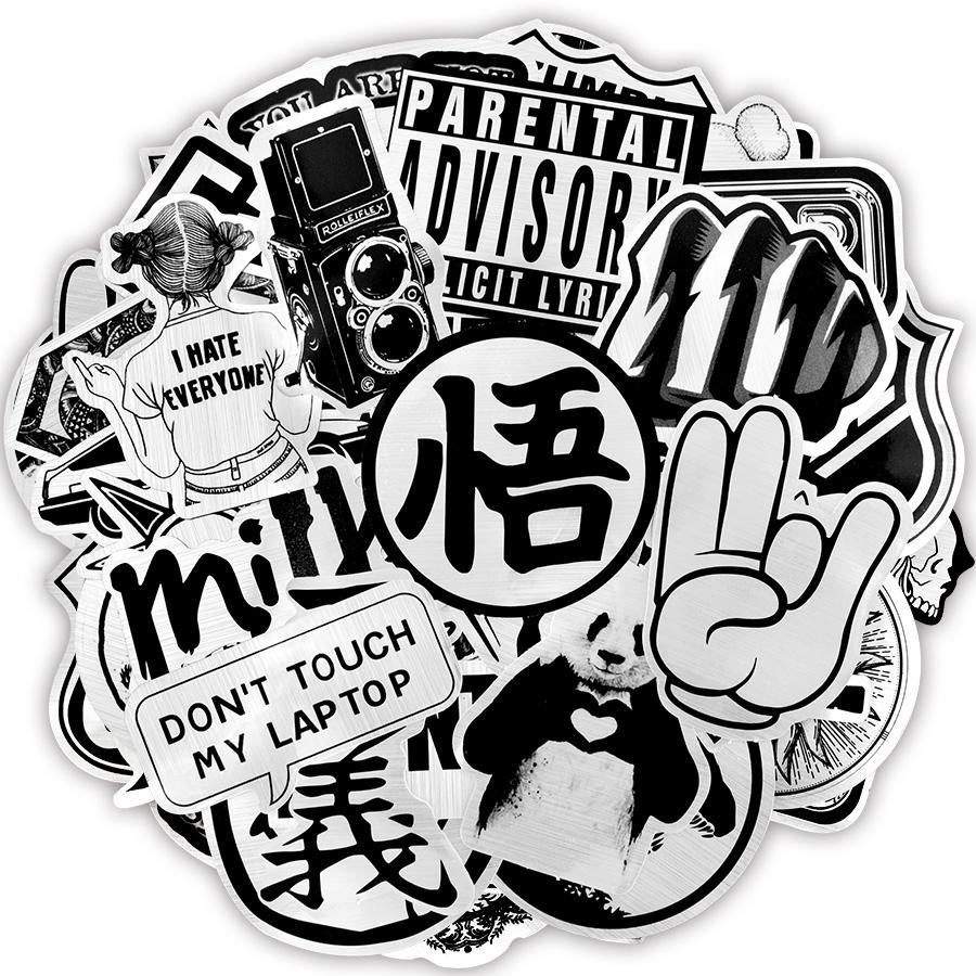 50 PCS Metallic Black and White Graffiti Sticker for Laptop Luggage Car Sticker