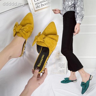 Half slipper women's summer fashion wear 2019 new lazy flat bottom pointed bow thick heel Muller shoes