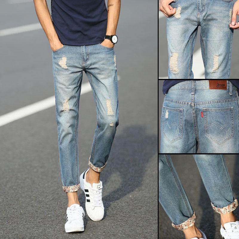 Hole Nine points jeans Men Slim fit Small feet Korean version trend trousers cotton fashion summer Leisure teens murah