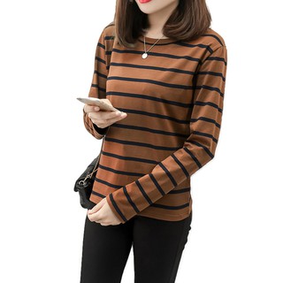 Women Plus Size Long Sleeve T-shirt Striped Fit Solid Casual Loose Tops XL-4XL