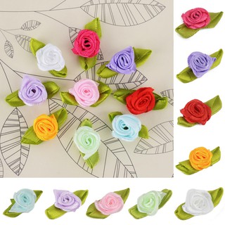 100 Ribbon Rose DIY Wedding Flower Satin Decor Bow Appliques Craft Sewing Leaves