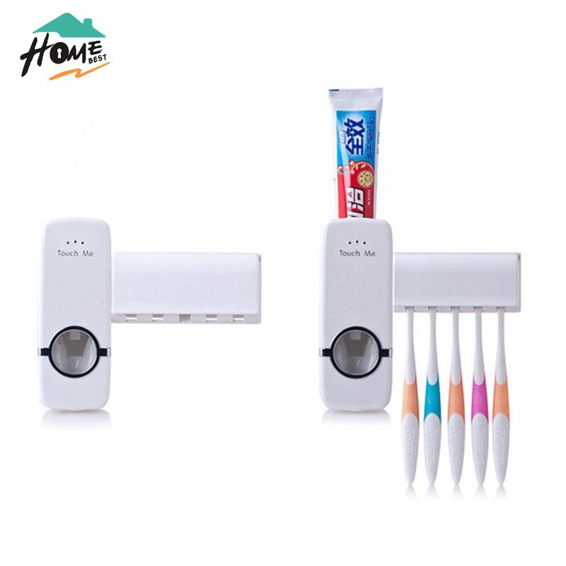 Automatic Plastic Squeezing Toothpaste Dispenser Brush Holder Set Wall Mount
