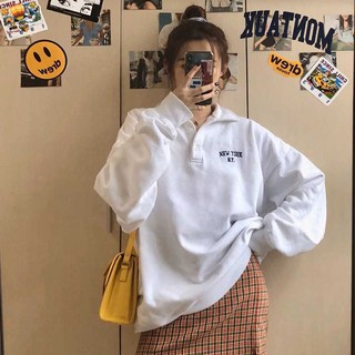 ♀Early autumn 2020 new white boyfriend style polo collar Korean sports loose sweater women couple clothes and winter BM [shipped within 15 days]