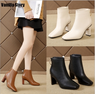 【READY STOCK】New European and American Leather Boots Square Toe High-heeled Nude Boots Back Zipper Ankle Boots Thick Heel Martin Boots