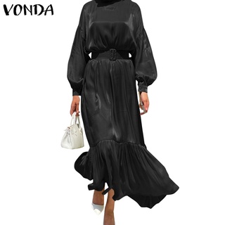 VONDA Women Casual Loose Solid Color Long Sleeve Mock Neck Pleated Long Dress
