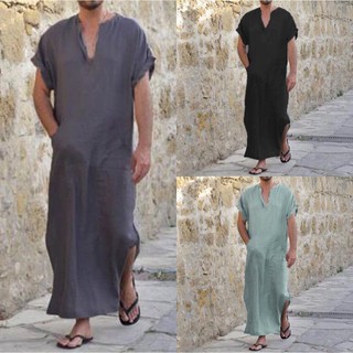 Muslim Men V-Neck Short Sleeve Muslimin Jubah Cotton Linen Lose Long Robe Plus Size Thobe Lelaki Dengan Lengan Pendek