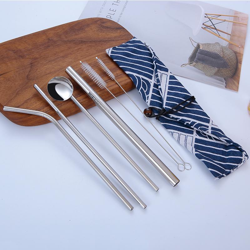 7X Drinking Metal Stainless Steel Spoon Straw 304 Straws Scratchproof Pouch Set